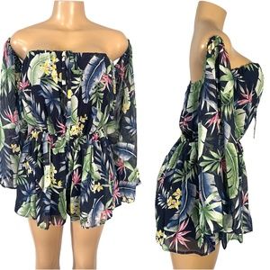 Strapless Off Shoulder Floral Women Romper Size S and M Tropical Short Jumpsuit